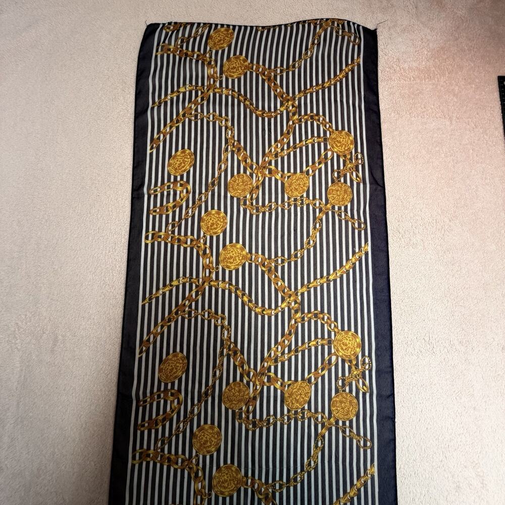 Large Chain Print Scarf 58x20 Gold Baroque Silk Feel READ